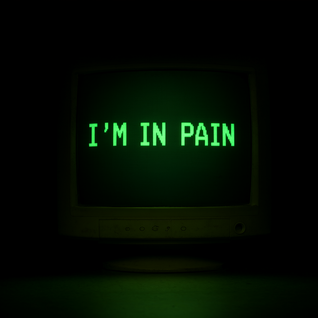 a lone CRT in darkness displaying I'M IN PAIN