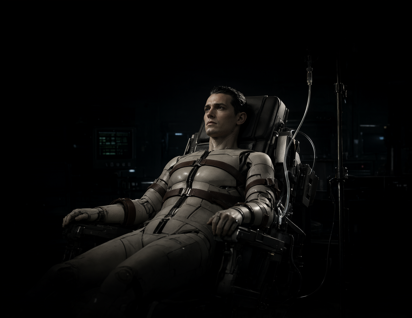 Pouyan, an android strapped into the experimental chair, graded by the current dose